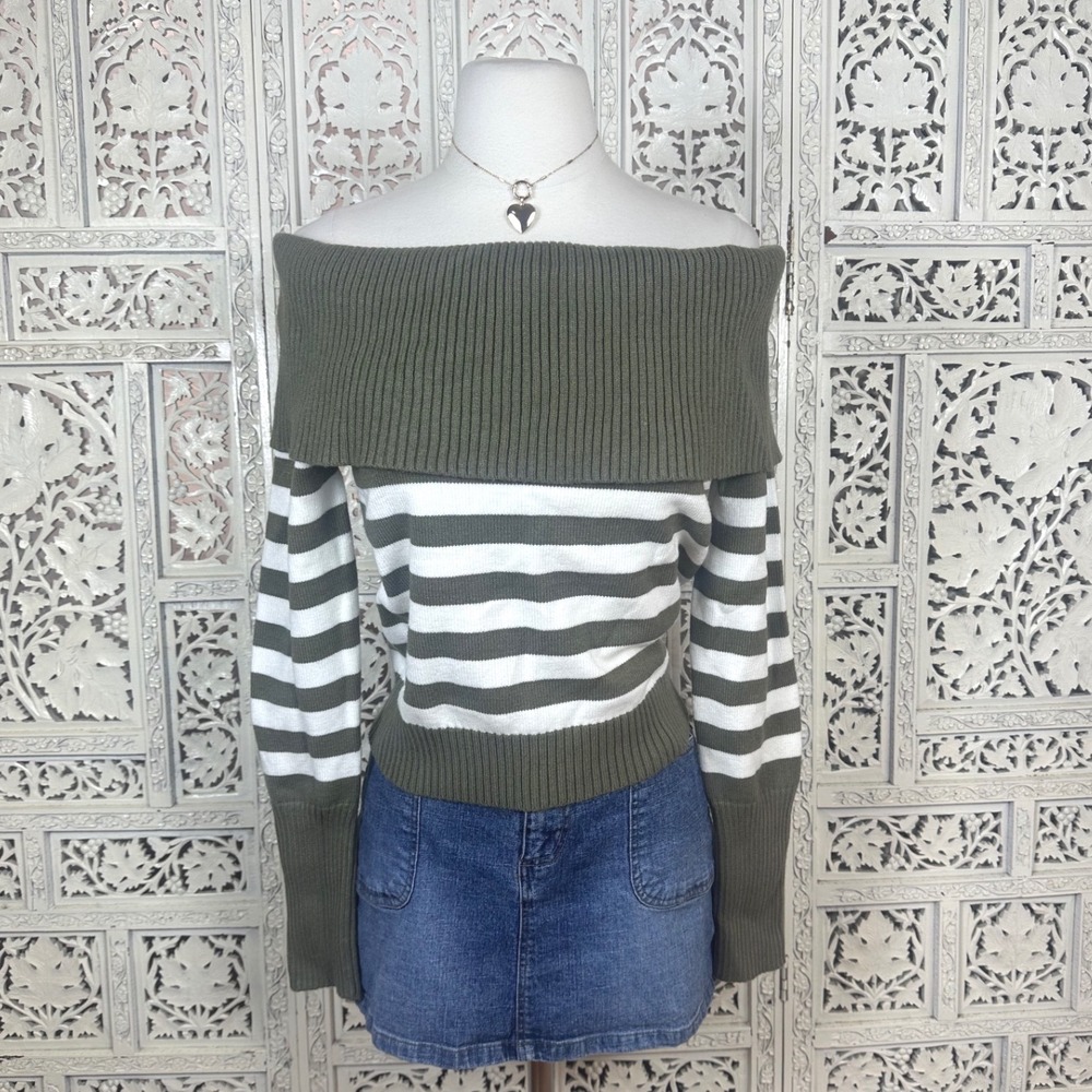 Orange Kiss Essentials Green & White Striped‎ Off The Shoulder Sweater Sz Large
